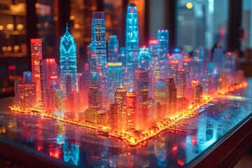 a hologram of the buildings of a large city on the table. The concept of a smart city