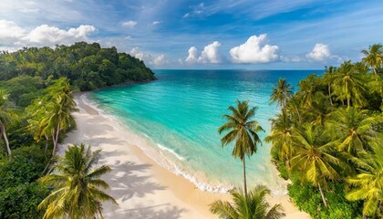 Fototapeta na wymiar aerial top view on sand beach tropical beach with white sand turquoise sea palm trees under sunlight drone view luxury travel destination scenic vacation landscape amazing nature paradise island
