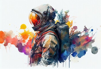 Abstract art of astronaut in spacesuit watercolor painting isolated on white background., designed by stained with multicolor shading concept. Finest generative AI