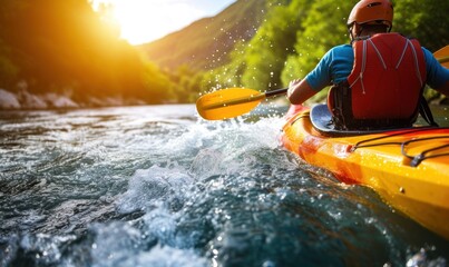 Fototapeta premium Man in kayak sails on a mountain rage river.