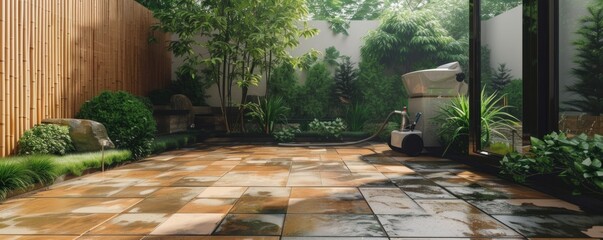 Patio cleaning useing high pressure jet. Detail of cleaning terrace.