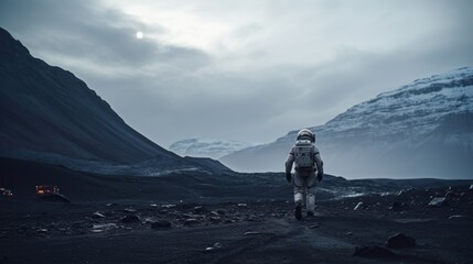 Fototapeta premium Astronaut exploring an exoplanet. Sci-fi colonist in spacesuit walks on the surface of another planet. People in space. Galactic travel and science concept.