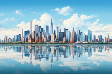 Panoramic view downtown skyscrapers city skyline Waterfront New York City and buildings landscape illustration background