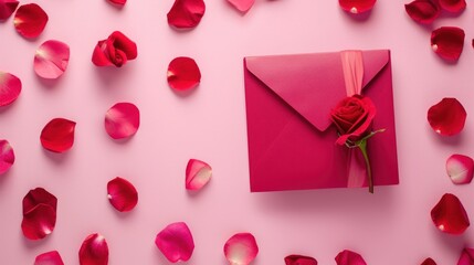  a pink envelope with a rose on it surrounded by petals of rose petals and petals on a pink background with a pink envelope with a pink ribbon and a rose.