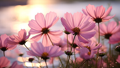 Vibrant pink and purple flowers bloom in a meadow generated by AI