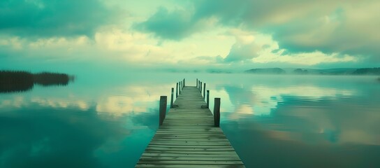Serene lake dock during sunset, peaceful wooden jetty, tranquil nature scene. ideal for meditation backdrop. calm waters under a cloudy sky. AI - obrazy, fototapety, plakaty