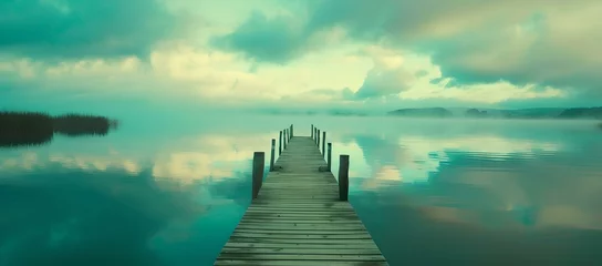 Poster Serene lake dock during sunset, peaceful wooden jetty, tranquil nature scene. ideal for meditation backdrop. calm waters under a cloudy sky. AI © Irina Ukrainets