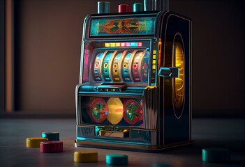 Bright color casino slot machine with tokens and coins. Generative AI