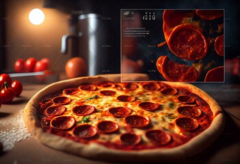 pepperoni pizza coming out of the oven with blurred background, top view generative ai