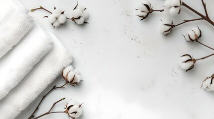 Serene spa setting with fluffy white towels and cotton branches. minimalist wellness concept. ideal for relaxation and home decor. high-quality spa image. AI