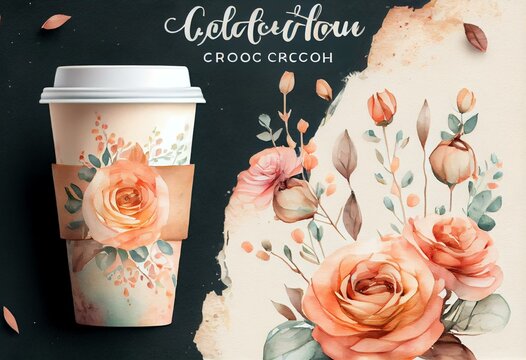 Watercolor coffe cup with florals bouquets. Peach roses, boho flowers. Great for feminine logo, cafe menu, banner, stickers. Autumn cup of coffee. Generative AI