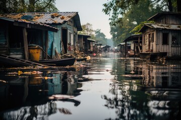 Fototapeta na wymiar Residents waiting for rescue in floating houses during flood., generative IA