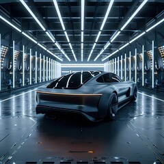 Futuristic Electric Vehicle in a Modern Illuminated Tunnel