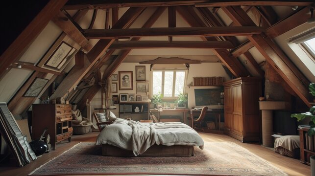  a bedroom with a large bed in the middle of a room with a slanted ceiling and a large rug on the floor in front of the bed is a window.