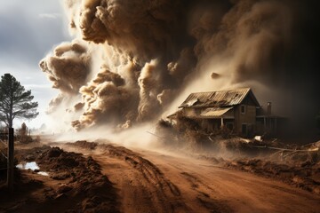 Tornado overwhelming raises dust in rural landscape., generative IA - obrazy, fototapety, plakaty