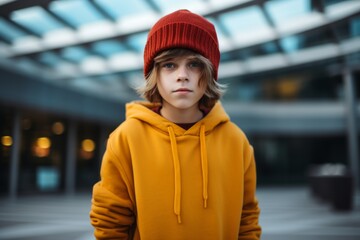 portrait of boy in yellow hoodie and red hat looking at camera