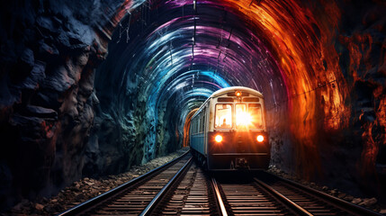 Fototapeta na wymiar Train passing through a tunnel. 3d rendering. Computer digital drawing.