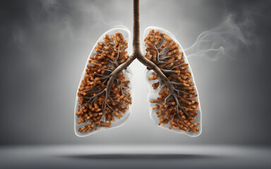 Abstract human lungs filled with cigarettes and smoke on a grey plain background