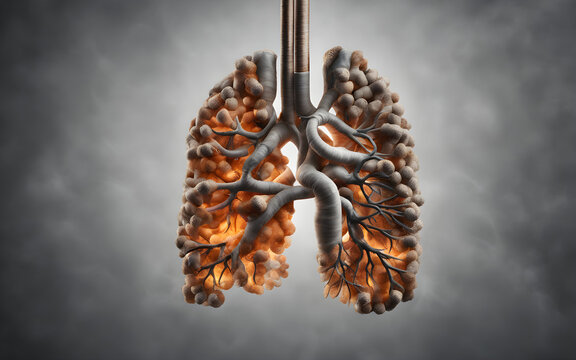 Abstract human lungs filled with cigarettes and smoke on a grey plain background