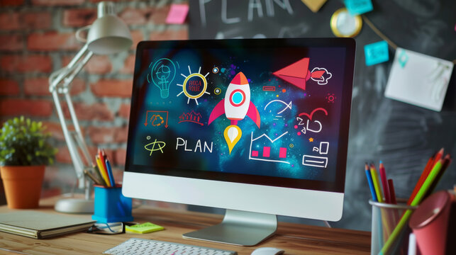 A vibrant and creative workstation with a computer monitor displaying a colorful planning graphic and various office supplies arranged on the desk.