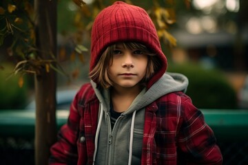 Portrait of a cute little boy in a red hat and jacket