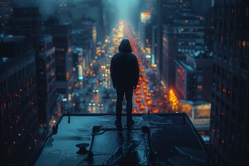 AI generated illustration of a man overlooking a large city avenue from the top of a tall building