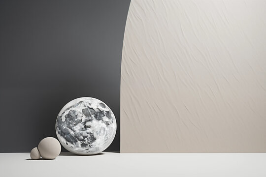A photo of decorations with artificial rocks and models of the moon and planets against the backdrop of a raw black wall illuminated by dramatic lighting. This striking image creates a sense of mystiq