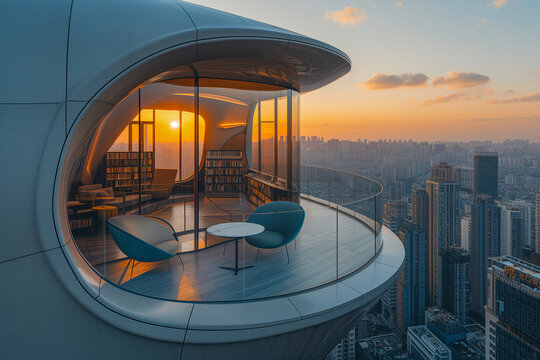 AI generated illustration of a space-age looking library room at the top of a tall skyscraper