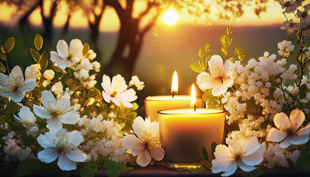 Beautiful tender blossom flowers  and candles on the table in spring at sunset.