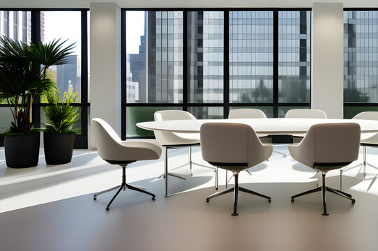 Timeless Minimalist Design: Meeting Room Boasting Stark White Walls, Balanced with Sleek Furniture and Decoration, Creating an Environment of Understated Elegance and Efficiency