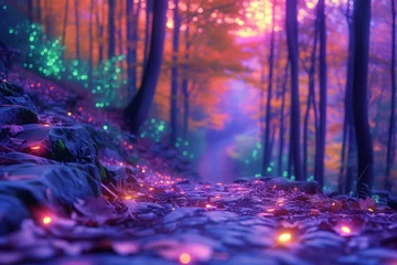 Foto op Aluminium AI generated illustration of a forest pathway with colorful lighting © Wirestock