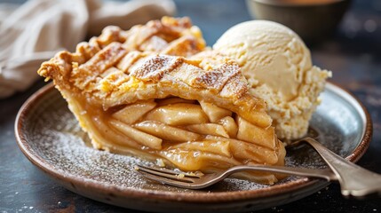  a close up of a plate of food with a fork and a scoop of ice cream and a scoop of ice cream on top of a plate with a fork.