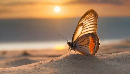 Beautiful butterfly on the sand at the sunset. - obrazy, fototapety, plakaty