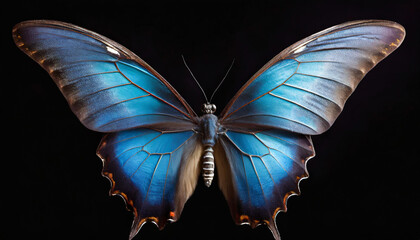 Beautiful close-up blue butterfly on black background.