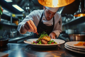 Cook man neatly decorates the dish. young professional chef adding some piquancy to meal. in modern kitchen, at work in uniform - obrazy, fototapety, plakaty