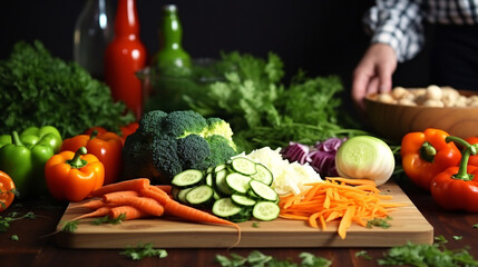 Fresh vegetables on the wooden table in the kitchen. Healthy food.