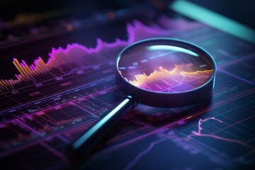 Data analysis, search engine optimization or SEO. magnifier, charts, graphs. ultraviolet and neon screen