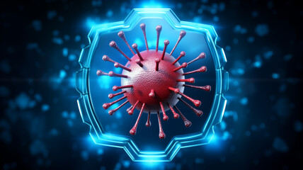 Concept healthcare support, neon blue color. Futuristic immune system protection with glowing blue shield VS red Virus attack, bacteria cells.