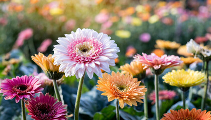 Obraz premium Pink gerberas flowers in the field pastel morning light. 