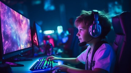 Fototapeta na wymiar Neon color streamer child boy in headphone playing video game with winner expression at gaming room