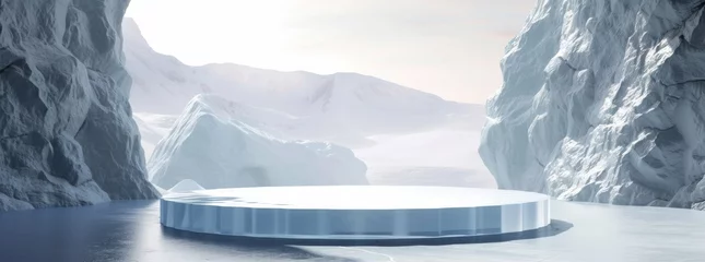 Selbstklebende Fototapeten Ice background podium cold winter snow product platform floor frozen mountain iceberg. Podium glacier cool ice background stage landscape display icy stand 3d water nature pedestal arctic concept cave © BackgroundWorld