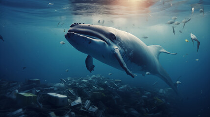 Fototapeta premium Blue whale floating among garbage in ocean. Concept plastic pollution water and human waste