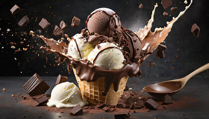 Delicious ice cream explosion chocolate and vanilla on dark background.  - obrazy, fototapety, plakaty