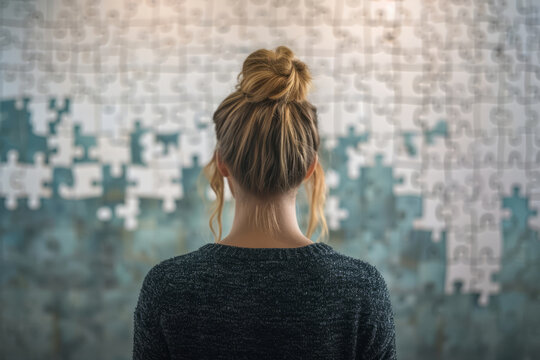 Back view of woman watching on big puzzle on wall. Generative AI
