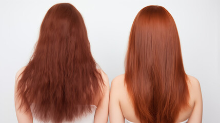 Red hair before and after treatment, sick, cut and healthy hair.