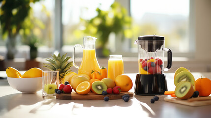 Sunlit kitchen scene with blender surrounded by array of fresh fruits for smoothie panorama....