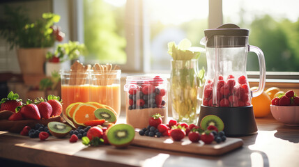 Panorama Blender filled with fresh fruits on kitchen counter, ready for healthy smoothie with...
