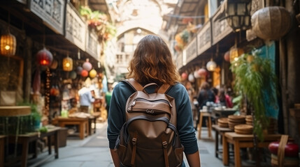 Fototapeta na wymiar Young traveler with backpack wanders through bustling market street, absorbed in local culture. Concept travel tourism trip in bazaar Arab country or Egypt.