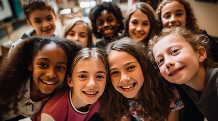 group of smiling multicultural schoolchildren looking at camera in corridor at school