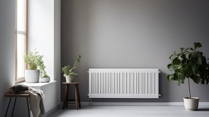 Minimalistic wall-mounted radiator for warmth integrated into interior Cozy skandy living room with...